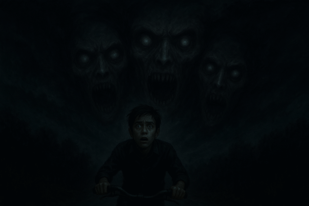 Aakash Mukhiya - Ghostly faces in sky chasing a boy on cycle